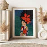 Poster Frau mit roten Blüten und Musterkleid - Hülya 