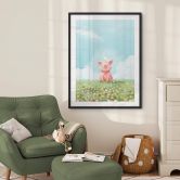Poster Thaï - Petit cochon joyeux dans la prairie d'été 