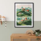 Kinderposter Treechild - Kleines Dorf inmitten grüner Hügel 