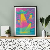 Plakat med UFO-landing i neonfarver - Treechild 