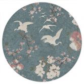 Sticker mural grues dans la ruée vers les fleurs de cerisier bleu - Décorations Bloomery - Rond 