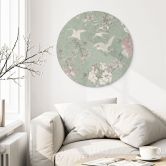 Wandbild Kraniche im Kirschblüten-Rausch Grün - Bloomery Decor - Alu-Dibond Rund 