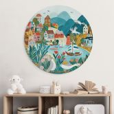 Wandbild Farbenfrohes Küstendorf im Sommer - Bonne Müller - Alu-Dibond - Rund 
