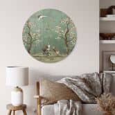 Glasbild Kraniche in floraler Landschaft - Bloomery Decor - Rund 