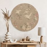 Holzbild Kraniche im Kirschblüten-Rausch Beige - Bloomery Decor - Rund 