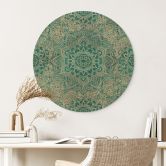 Billede af træ Mandala Boho Guldgrøn - Blomsterdekoration - Rund 