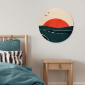 Tableau sur bois rond Coucher de soleil sur la mer avec des pigeons - Kubistika 