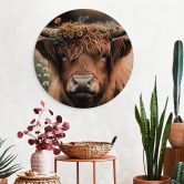 Tableau sur bois Treechild - Vache Highland avec couronne de fleurs - Rond 
