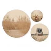 Holzbild Strandkorb, Seestern und Dünen an der Ostsee Set (3-teilig) - Rund 