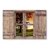 Spritzschutz 3D Holzfenster - Sonnenuntergang über den Hügeln 