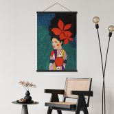 Textile poster woman with red flowers and patterned dress - Hülya 