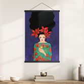 Stoffbild Frau mit roter Blütenkrone und Vogel - Hülya 