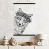 Tableau en tissu Renard noir et blanc avec couronne de fleurs - Korenkova 