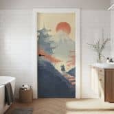 Sunrise over the pagoda door film - Roze - Self-adhesive door decoration 