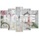 Leinwandbild 5 teilig, Home Holz Inschrift Blumen 