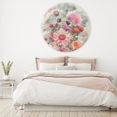 Rundes Leinwandbild Bunte Blumen und Kolibris 