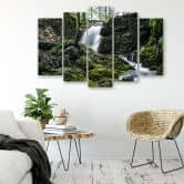 Leinwandbild 5 teilig, Wasserfall Wald Felsen 