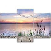 Leinwandbild 3-teilig, Sonnenuntergang Steg See 
