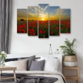 Leinwandbild 5 teilig, Feld Mohn Sonnenuntergang Landschaft 
