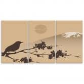 Leinwandbild 3-teilig, Japan Fuji Vogel Beige 