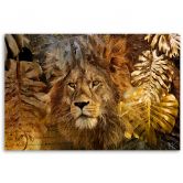 Canvas schilderij, Leeuw en Monstera gouden bladeren 