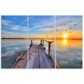Leinwandbild 3-teilig, Sonnenuntergang Steg See  