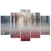 Leinwandbild 5 teilig, Nebel Wald Lichtung Blumen 