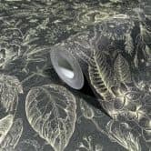Non-woven wallpaper flowers, leaves floral nature matt in black  