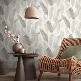 Papier peint salon Feuilles Beige Blanc Papier peint intissé Jungle Palmiers  