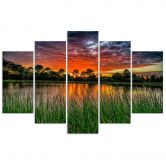 Leinwandbild 5 teilig, Sonnenuntergang See 