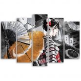 Leinwandbild 5 teilig, Geisha mit einem Fan 