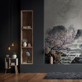 Fototapete Motivtapete Kirschblüten im Nebel mit Bergen in Grau und zarten Rosatönen 2,7 x 2,12 m 