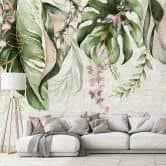 Aquarel motief Fotobehang tropische bladeren met bloesems en fijne gouden lijnen 3,4 x 2,65 m 