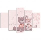 Leinwandbild 5 teilig, Teddybär Rosa Hase 