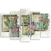 Leinwandbild 5 teilig, Quadratkisten Regale mit Blumen 