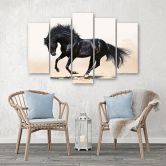 Leinwandbild 5 teilig, Galopp des schwarzen Pferdes 