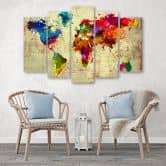 Leinwandbild 5 teilig, Bunte Weltkarte 