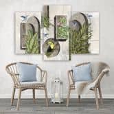 Leinwandbild 3 teilig, Formen in der Wand mit Pflanzen und Vögeln Toucan Koliber 