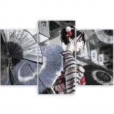 Leinwandbild 3 teilig, Geisha mit einem Fan 