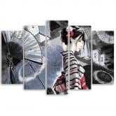 Leinwandbild 5 teilig, Geisha mit einem Fan 