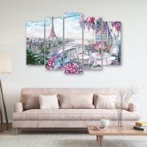 Leinwandbild 5 teilig, Pariser Eiffelturm - Landschaft - Pastell 