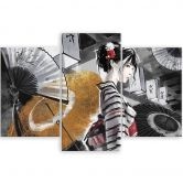 Leinwandbild 3 teilig, Geisha mit einem Fan 