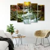 Leinwandbild 5 teilig, Herbst Wald Wasserfall Felsen 