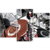 Leinwandbild 3 teilig, Geisha mit einem Fan 