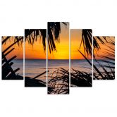 Leinwandbild 5 teilig, Meer Palmen Sonnenuntergang 