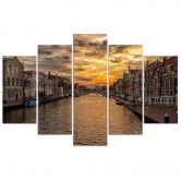 Leinwandbild 5 teilig, Stadt Fluss Sonnenuntergang 