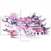 Leinwandbild 5 teilig, Japanische rosa Landschaft 