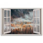 Canvas schilderij, venster uitzicht bos in de mist bergen 