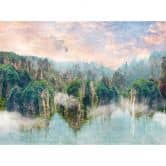 behang fantasie landschap bergen groen blauw - vliesbehang met mist motief voor woonkamer 