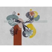 Fototapete Vögel Bunt Grafik - Vliestapete mit Natur- und Blumenmotiv für Wohnzimmer 